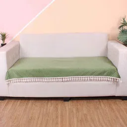 stitchnest Olive Solid Velvet 2 Seater Quilted Sofa Cover (Protector) with Tassel image 3