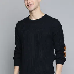 mast & harbour Men Self Design Round Neck Dark Blue Sweater image 1