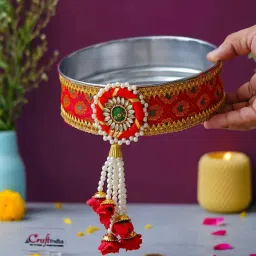 ecraftindia Red Green Floral Decorative Stainless Steel Karwa Chauth Thali Set with Plate Chalni Lota|Karva Chauth Pooja Thali image 2