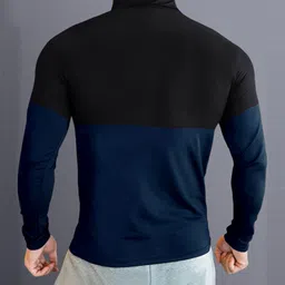 ausk Men Colorblock High Neck Polyester Dark Blue, Black T-Shirt image 2