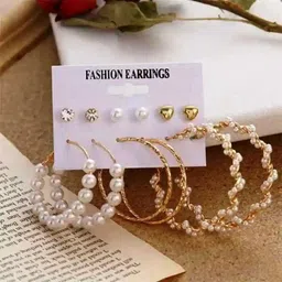 tvi Combo of 6 Pair Golden Heart Stone Stud And Pearl Hoop Earrings For Women/Girls Pearl Alloy Hoop Earring image 4