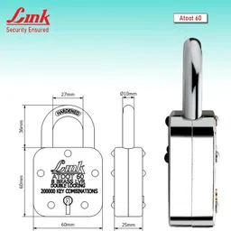 link Atoot 60mm Lock| 2 Lacs Key Combination Hardened Shackle 8 Brass Levers (Pack 2) Padlock image 4