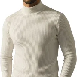 peak mount Men Solid High Neck White Sweater image 1