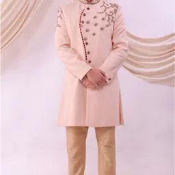 Pooja Ethnic Pooja Ethnic Men's Pink Silk Sherwani with Pant PE9022 Embroidered Sherwani image 3