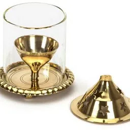 divine arts Akhand Diya Decorative Brass Oil Lamp Tea Light Holder Lantern Round Shape (HEIGHT-5.5 INCH) Brass Table Diya image 4