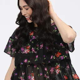 tokyo talkies Casual Regular Sleeves Printed Women Black Top-picture-13