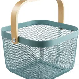 freshome Steel Metal Mesh Storage Basket with Wooden Handle, Ideal for Storage, Shopping,Picnic Storage Basket image 2