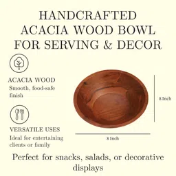 Wooden Salad Bowl AURKA 8 Inch Handcrafted Brown Acacia Wood Serving Bowl for Dips, Snacks image 3