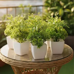 hokira Pack of 8 Artificial Green Plants with White Pot for Home, Office & Table Decor, Green Wild Flower Artificial Flower with Pot image 2