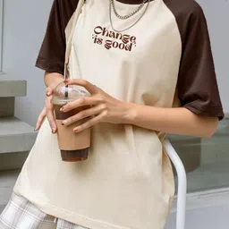 juneberry Women Printed Round Neck Pure Cotton Beige, Brown T-Shirt image 5