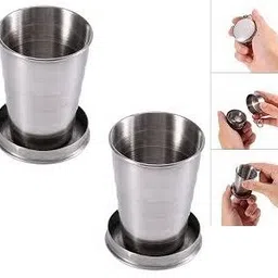 trendmad (Pack of 2) Folding Steel Travel Mug - 120ml with Hanging Chain Pack of 2 Glass Set Water/Juice Glass-picture-39