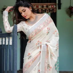 almaari fashion Floral Print Bhagalpuri Cotton Blend Saree image 3