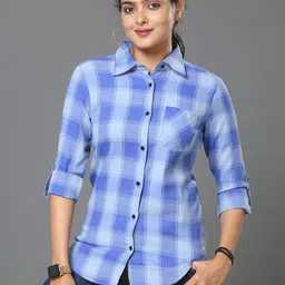 metronaut Women Regular Fit Checkered Cut Away Collar Casual Shirt-picture-25