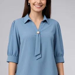 neha fashionnn Casual Puff Sleeves Solid Women Light Blue Top-picture-35