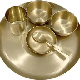 alluring homz Pack of 6 Bronze Luxury 11.5” THALI Kansa Bronze Dinner Set–6-Piece Matte Finish Ayurvedic Dinner Set image 3