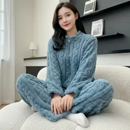 lugo Women Night Suit Set Blue Self Design image 4