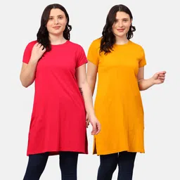 fleximaa Pack of 2 Women Solid Round Neck Pure Cotton Multicolor T-Shirt-picture-21