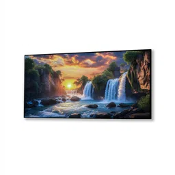 nestroots Black Canvas Framed Serene Sunset Over Waterfall Bridge Wall Painting image 3