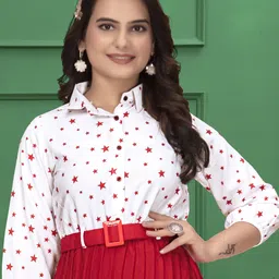 zelzis Women Fit and Flare Red, White Midi/Calf Length Dress image 4