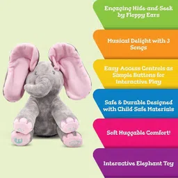 kidzkorner Musical Elephant Plush Toy with Moving Ears, Songs and Peek-A-Boo Toy - 25 cm image 4