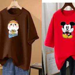 rapturous Pack of 2 Women Printed Round Neck Cotton Blend Brown, Red T-Shirt-picture-17
