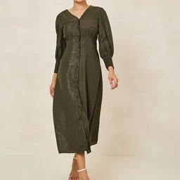 Styli Women Jacquard V Neck A-Line Maxi Dress-image-52