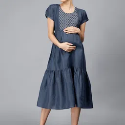 NIGHTSPREE Maternity Round Neck Short Puff Sleeves Tiered Cotton A-Line Midi Dress image 1
