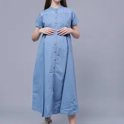 NIGHTSPREE Mandarin Collar Tie-Ups Cotton Maternity A-Line Midi Dress-picture-18