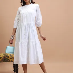 Vishudh White Self Design Band Collar Gathered Detailed Tiered Cotton A-Line Midi Dress-picture-30