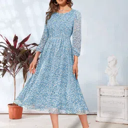 BAESD Floral Printed Puff Sleeves Gathered Detailed Fit & Flare Midi Dress-picture-5