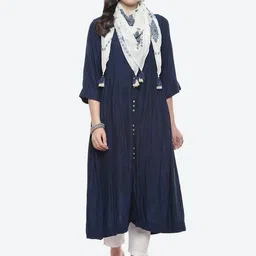 Biba Navy Blue Ethnic Motifs Ethnic A-Line Midi Dress image 1