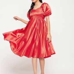 Antheaa Puff Sleeves Satin Empire Midi Dress-picture-17
