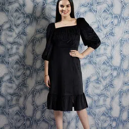 Athena Black Square Neck Puff Sleeves Gathered Detailed Midi Sheath Dress-image-98