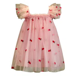 StyleCast Girls Pink Self Design Square Neck Flared Sleeves A-Line Dress-picture-7