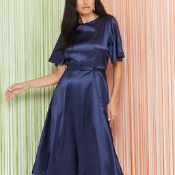 Styli Navy Blue Short Sleeves Round Neck Plain Midi Dress-picture-29