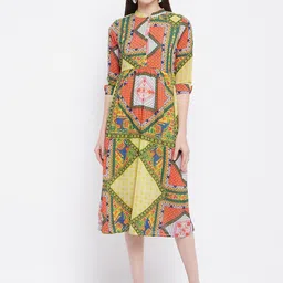 Ruhaans Women Yellow & Green Geometric Printed Midi Dress-picture-35