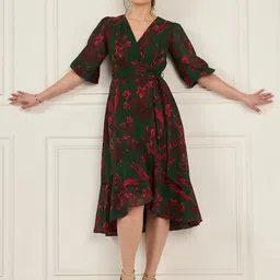 Antheaa Floral Printed Asymmetric Layered Georgette Wrap Midi Dress-picture-30