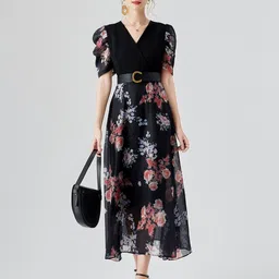 JC Collection Floral Printed Puff Sleeve Fit & Flare Midi Dress image 1
