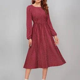 BAESD Polka Dot Printed Puff Sleeves Gathered Detailed Cotton Fit & Flare Midi Dress-picture-45