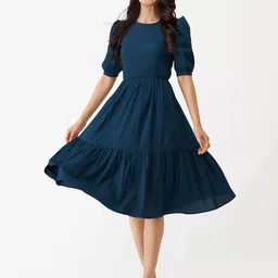 AASK Puff Sleeve Crepe Fit & Flare Midi Dress image 1