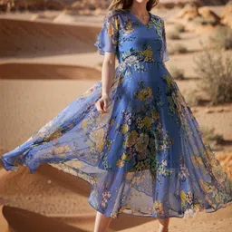 RARE Blue Floral Printed Flared Sleeves Fit & Flare Midi Dress-image-30