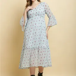 HERE&NOW Blue Floral Printed Flared Sleeve Chiffon Empire Midi Dress-picture-33