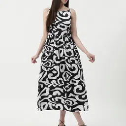 Zima Leto Abstract Printed Shoulder Straps Fit & Flare Midi Dress-image-75