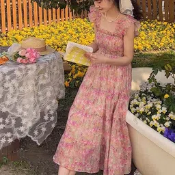 LULU & SKY Floral Printed Square Neck Smocked Fit & Flare Midi Dress-picture-24