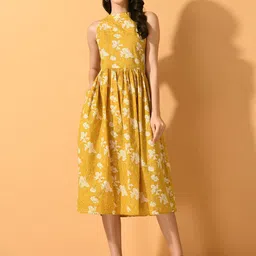 KALINI Floral Printed Gathered Or Pleated Cotton Fit & Flare Midi Dress image 1