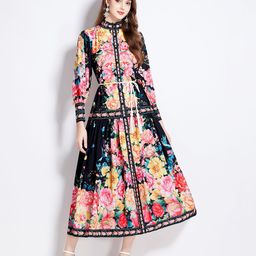 JC Collection Floral Printed Mock Neck Cuffed Sleeves A-Line Midi Dress-picture-20