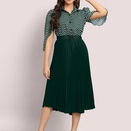 FLOWERVELLY Striped Shirt Collar Georgette Midi A-line Dress-picture-14