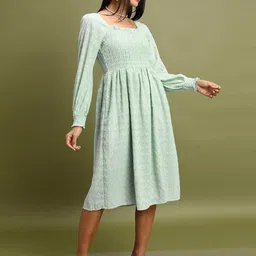 Tokyo Talkies Green Self Design Smocked Fit & Flare Midi Dress-picture-8