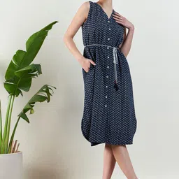 STADO V Neck Polka Dot Printed Cotton Fit & Flare Midi Dress-picture-30