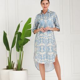 Athena Blue Ethnic Motifs Printed Cotton Shirt Midi Dress-picture-1